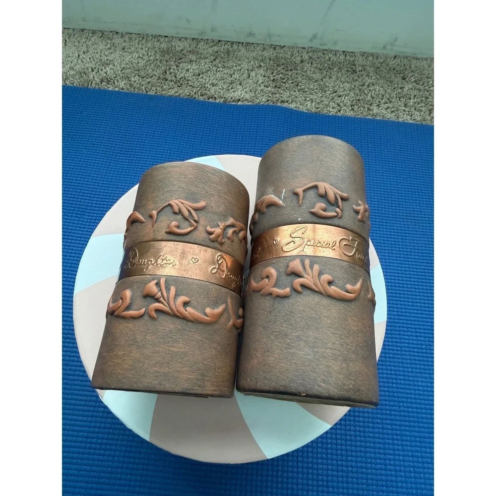 Rustic Faux Wood Pillar Candle Holders Set Daughter & Special Friend Copper Band